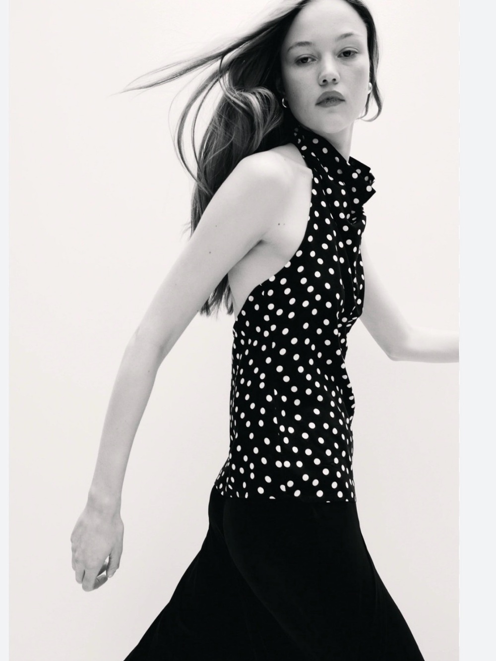 White House Black Market Ruffled Neck Black/White Polka Dot Sleeveless Top, S
